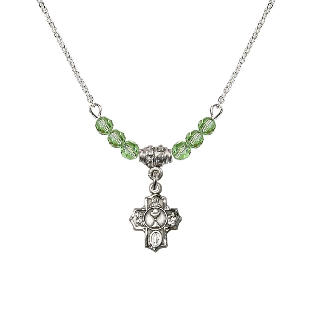Bliss Pewter Communion 5-Way Cross Peridot Beaded Necklace, Measures 1/2-inch tall by 3/8-inch wide