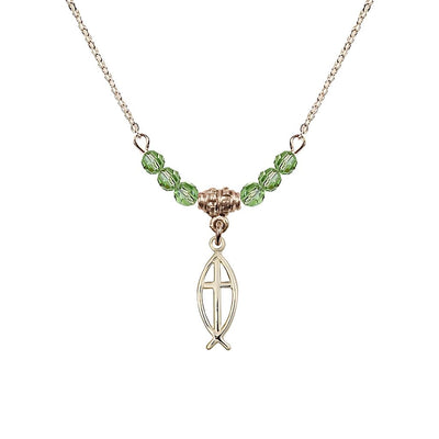 Fish Cross Gold-filled 4mm Crystal Beaded Necklace with Chain in Peridot, Medal Measures 3/4 inch tall by 1/4 inch wide, Bliss Manufacturing