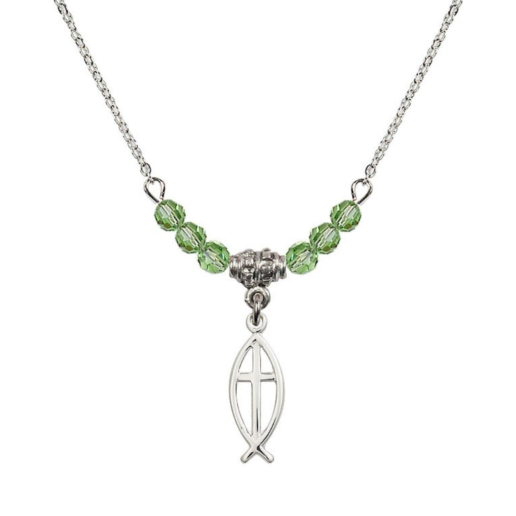 Bliss Fish Cross Crystal Birthstone Necklace with Chain in Peridot, 3/4 inch tall by 1/4 inch wide