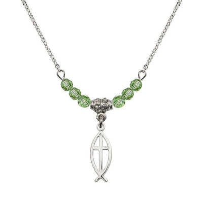 Fish Cross Crystal Birthstone Necklace with Chain in Peridot, 3/4 inch tall by 1/4 inch wide, Bliss Manufacturing