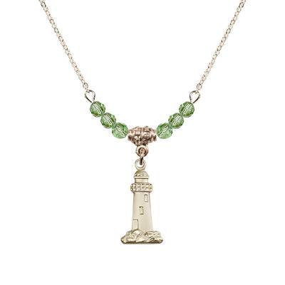 August-Peridot Gold-filled Lighthouse Beaded Necklace, Medal Measures 3/4-inch tall by 3/8-inch wide, Bliss Manufacturing