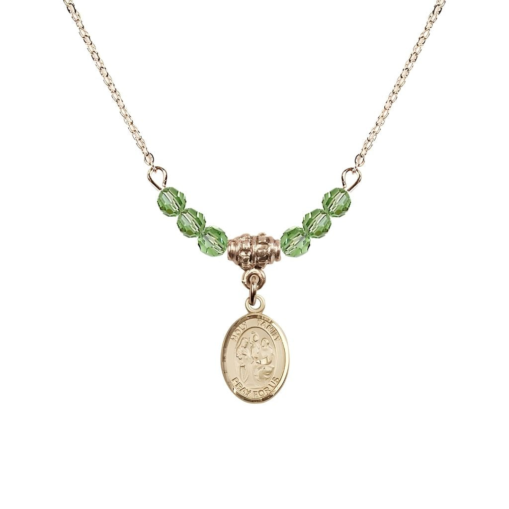 Bliss Holy Family 14kt Gold-filled Charm Beaded Necklace with 18" Gold-plated Chain in 4mm Austrian Crystal Peridot Beads