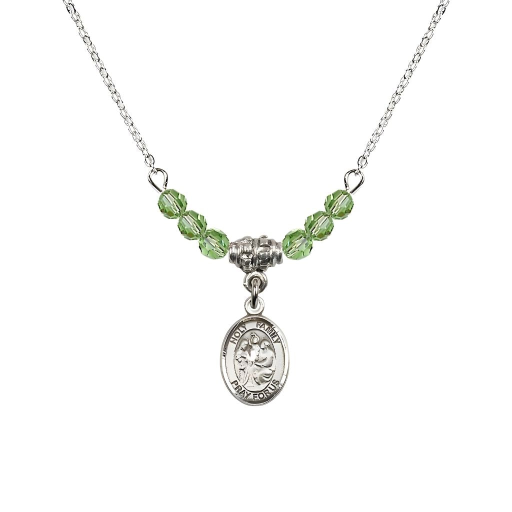 Bliss Holy Family Sterling Silver Charm Beaded Necklace with 18" Plated Chain in 4mm Austrian Crystal Peridot Beads