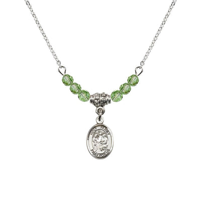 Holy Family Sterling Silver Charm Beaded Necklace with 18" Plated Chain in 4mm Austrian Crystal Peridot Beads, Bliss Manufacturing
