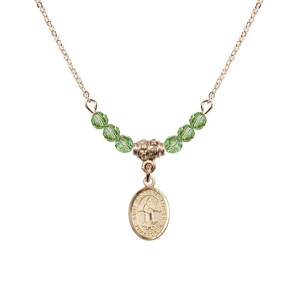 Bliss St. Isidore the Farmer Oval 14kt Gold-filled 4mm Peridot Austrian Crystal Beaded Necklace, Measures 1/2-inch by 1/4-inch, Gift Box.