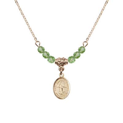 St. Isidore the Farmer Oval 14kt Gold-filled 4mm Peridot Austrian Crystal Beaded Necklace, Measures 1/2-inch by 1/4-inch, Gift Box, Bliss Manufacturing