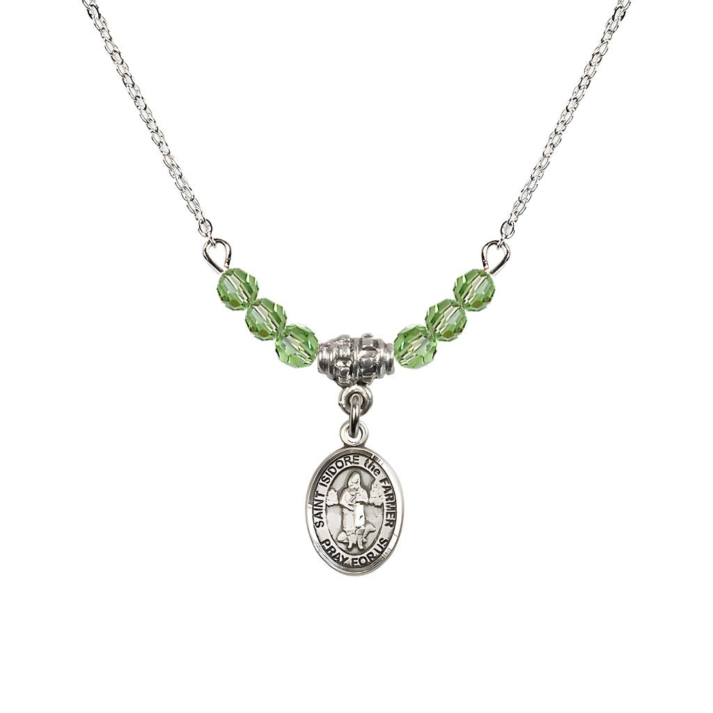 Bliss St. Isidore the Farmer Oval Sterling Silver 4mm Peridot Austrian Crystal Beaded Necklace, Measures 1/2-inch by 1/4-inch, Gift Box.