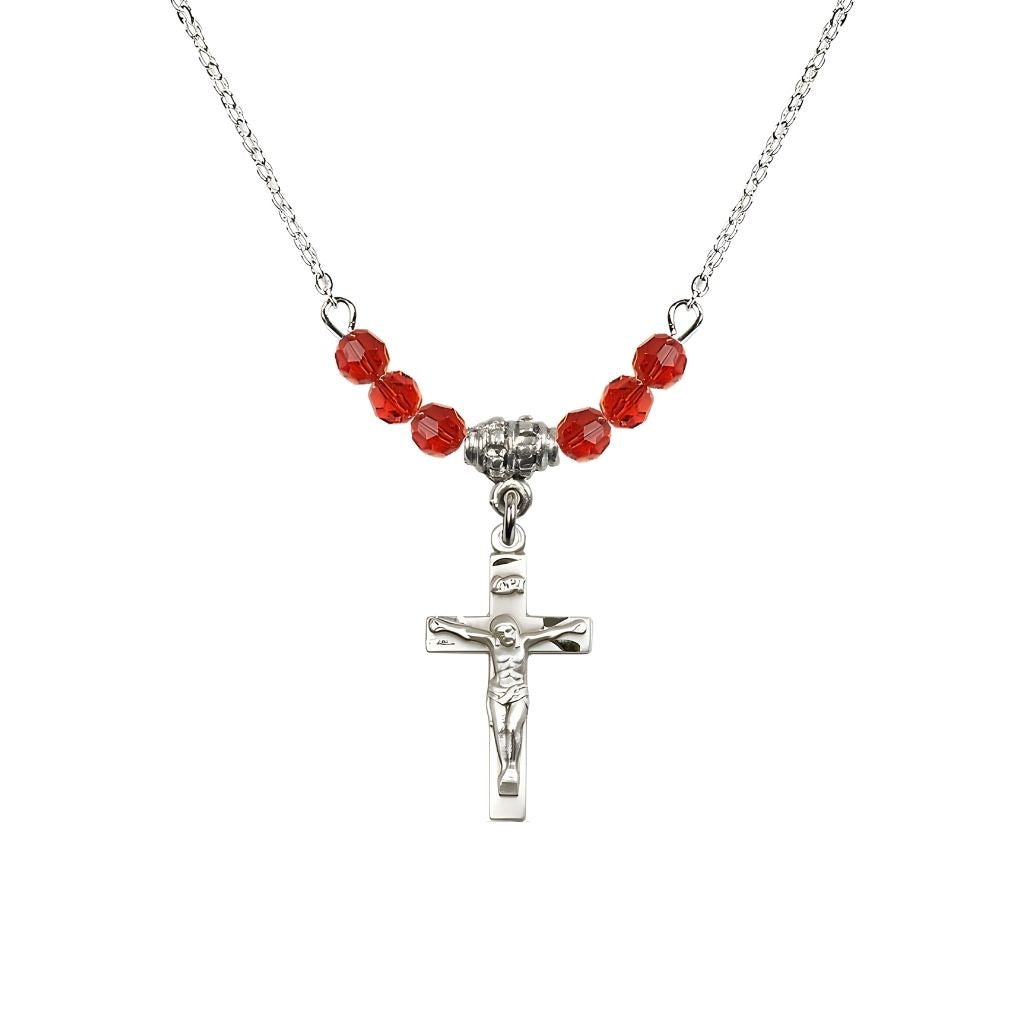 Bliss Pewter Holy Communion Crucifix Ruby Beaded Necklace, Measures 1/2-inch tall by 3/8-inch wide
