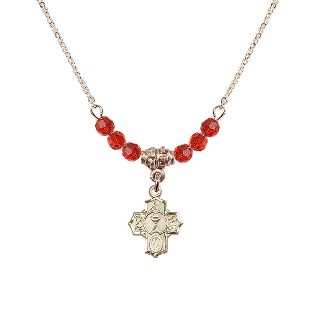Bliss Gold-plated Communion 5-Way Cross Ruby Beaded Necklace, Measures 1/2-inch tall by 3/8-inch wide