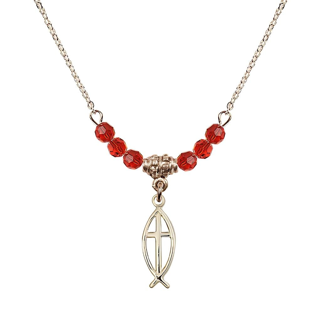 Bliss Fish Cross Gold-filled 4mm Crystal Beaded Necklace with Chain in Ruby, Medal Measures 3/4 inch tall by 1/4 inch wide