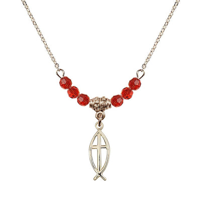 Fish Cross Gold-filled 4mm Crystal Beaded Necklace with Chain in Ruby, Medal Measures 3/4 inch tall by 1/4 inch wide, Bliss Manufacturing