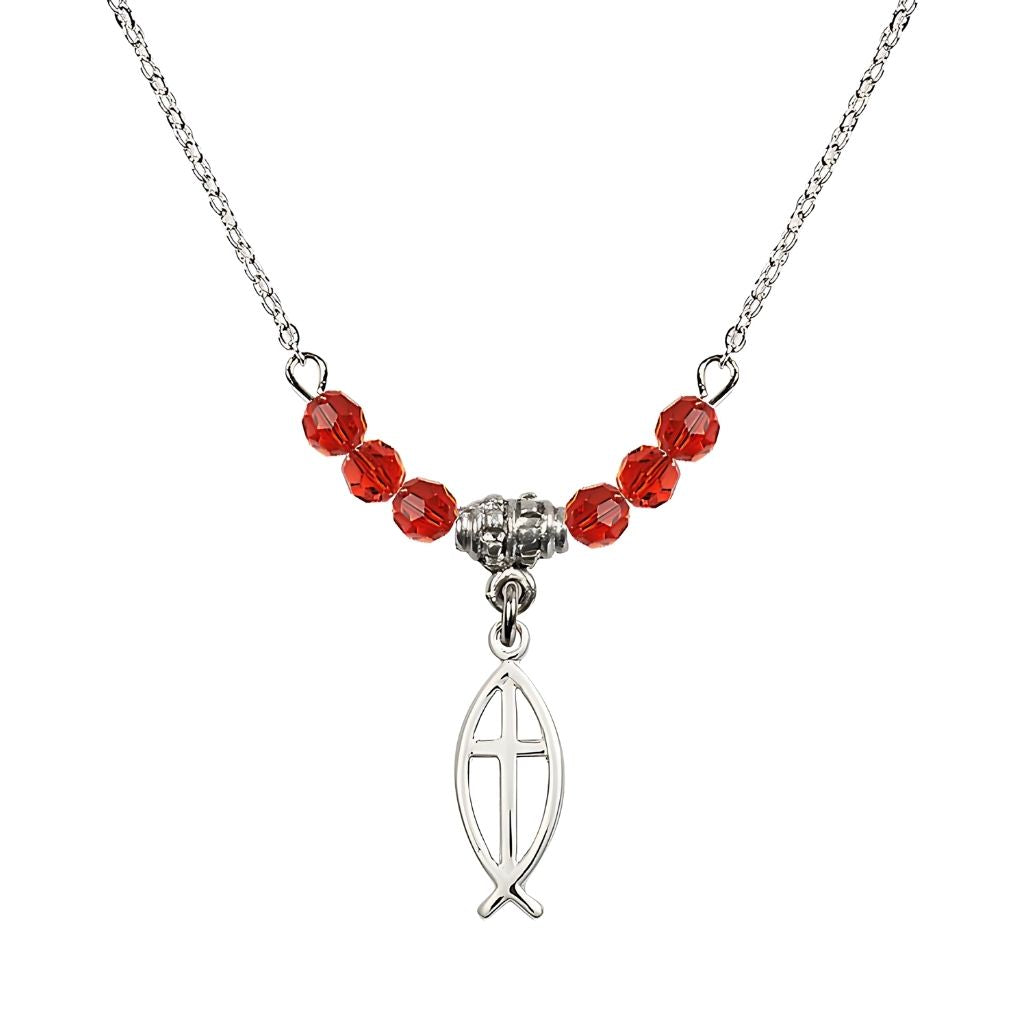 Bliss Fish Cross Crystal Birthstone Necklace with Chain in Ruby, 3/4 inch tall by 1/4 inch wide