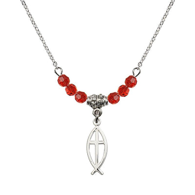 Fish Cross Crystal Birthstone Necklace with Chain in Ruby, 3/4 inch tall by 1/4 inch wide, Bliss Manufacturing
