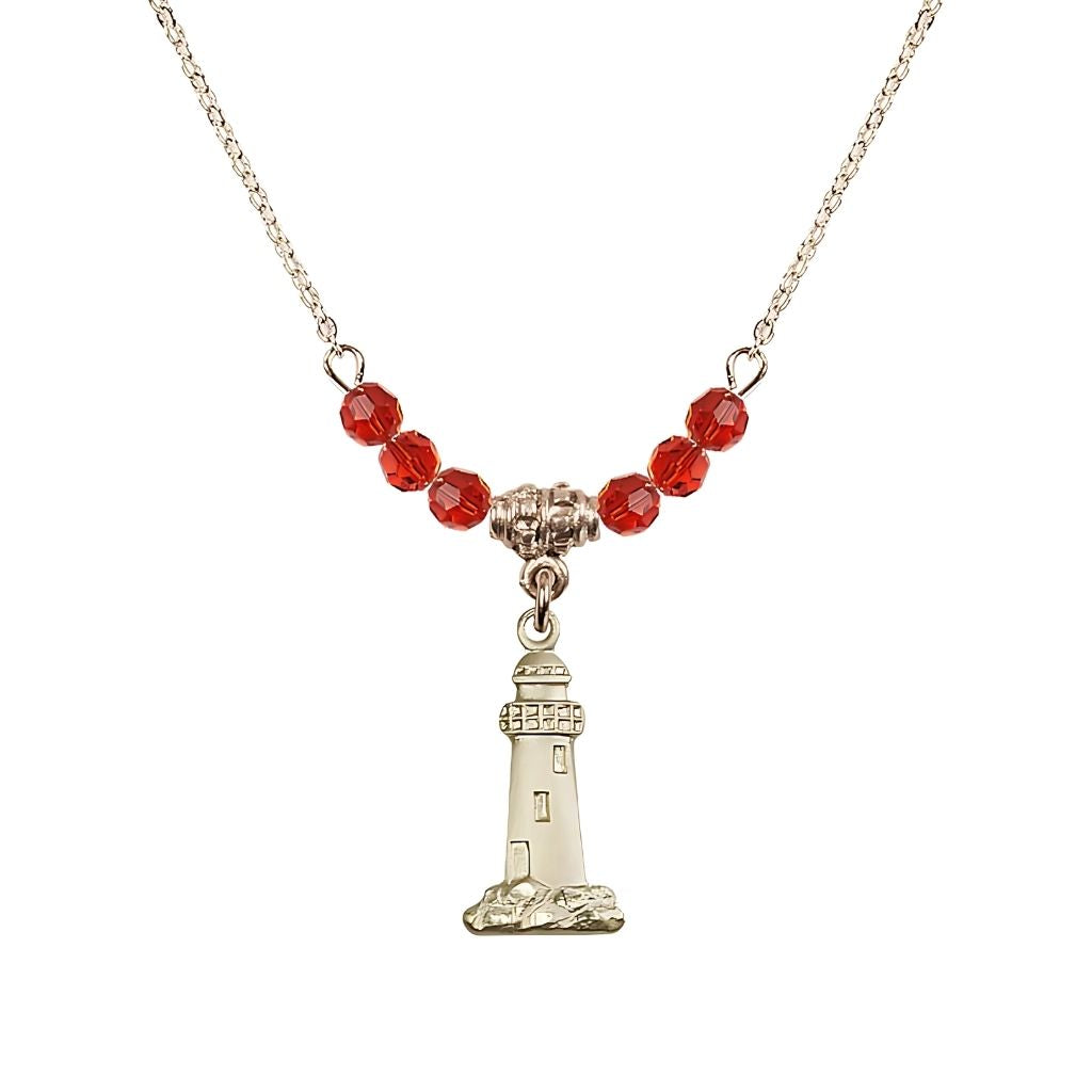 Bliss July-Ruby Gold-filled Lighthouse Beaded Necklace, Medal Measures 3/4-inch tall by 3/8-inch wide
