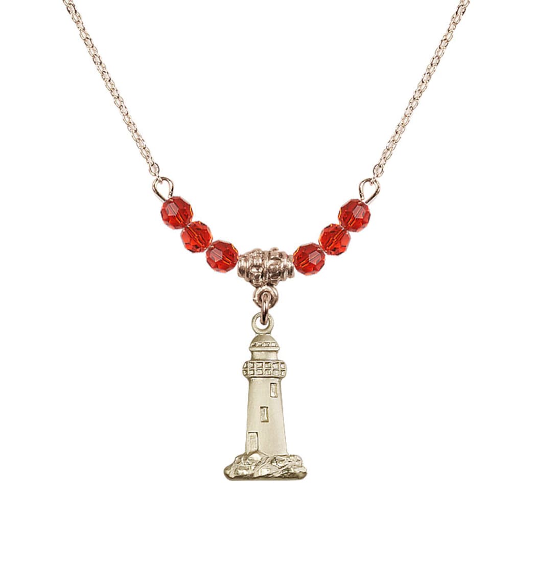 Bliss July-Ruby Gold-filled Lighthouse Beaded Necklace,