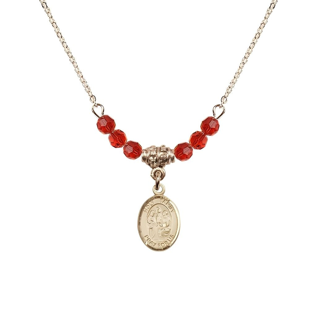 Bliss Holy Family 14kt Gold-filled Charm Beaded Necklace with 18" Gold-plated Chain in 4mm Austrian Crystal Ruby Beads