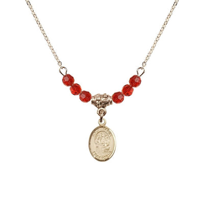 Holy Family 14kt Gold-filled Charm Beaded Necklace with 18" Gold-plated Chain in 4mm Austrian Crystal Ruby Beads, Bliss Manufacturing