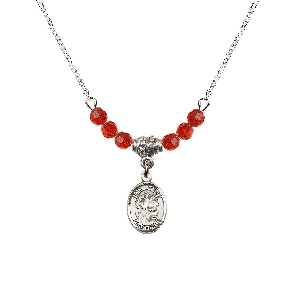 Bliss Holy Family Sterling Silver Charm Beaded Necklace with 18" Plated Chain in 4mm Austrian Crystal Ruby Beads