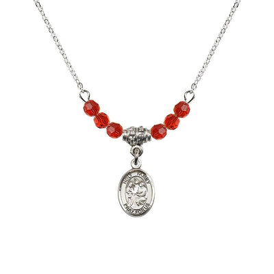Holy Family Sterling Silver Charm Beaded Necklace with 18" Plated Chain in 4mm Austrian Crystal Ruby Beads, Bliss Manufacturing