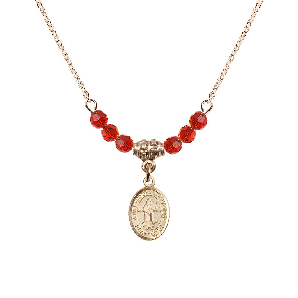Bliss St. Isidore the Farmer Oval 14kt Gold-filled 4mm Ruby Austrian Crystal Beaded Necklace, Measures 1/2-inch by 1/4-inch, Gift Box.