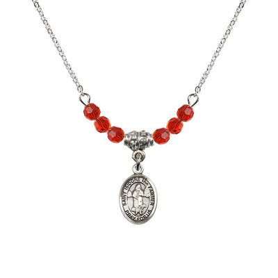 St. Isidore the Farmer Oval Sterling Silver 4mm Ruby Austrian Crystal Beaded Necklace, Measures 1/2-inch by 1/4-inch, Gift Box, Bliss Manufacturing