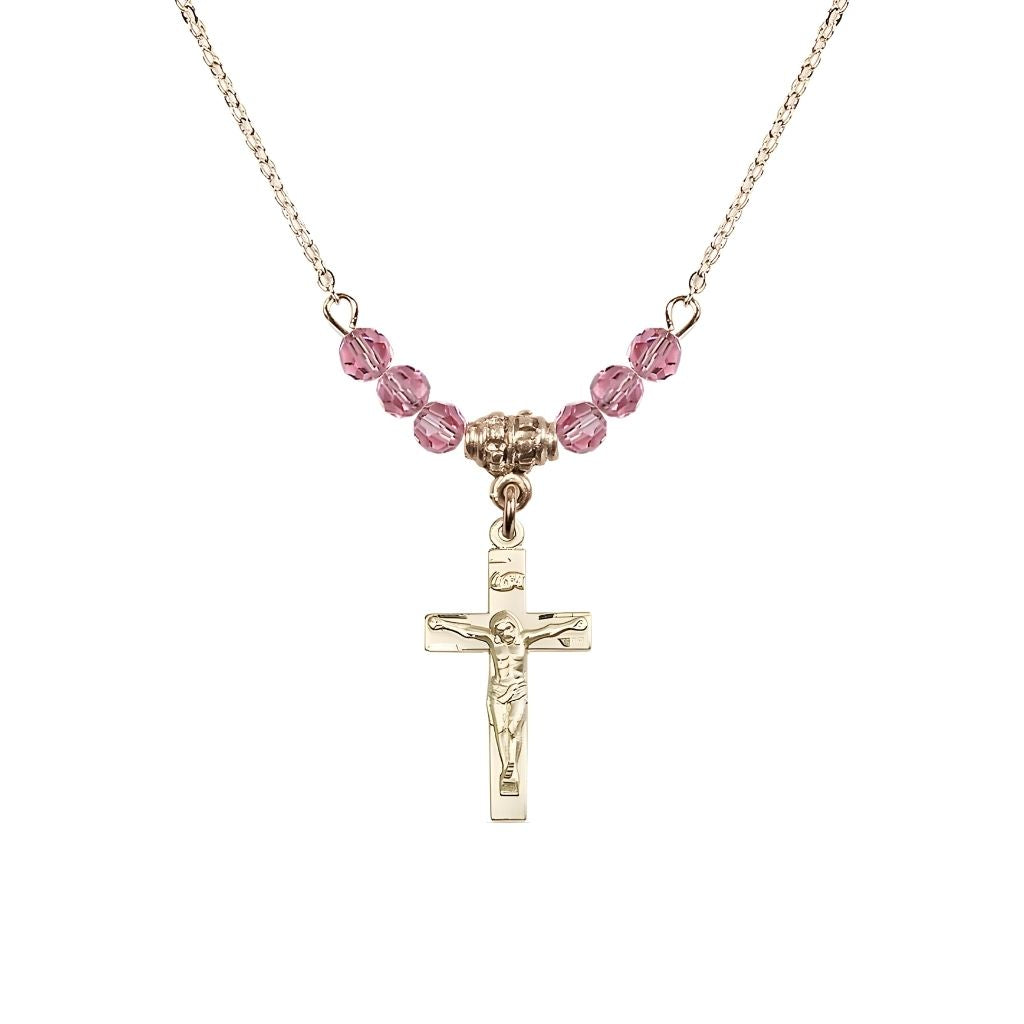 Bliss Gold-plated Holy Communion Crucifix Rose Beaded Necklace, Measures 1/2-inch tall by 3/8-inch wide
