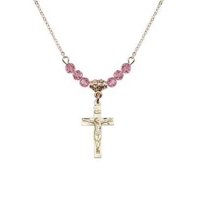 Gold-plated Holy Communion Crucifix Rose Beaded Necklace, Measures 1/2-inch tall by 3/8-inch wide, Bliss Manufacturing