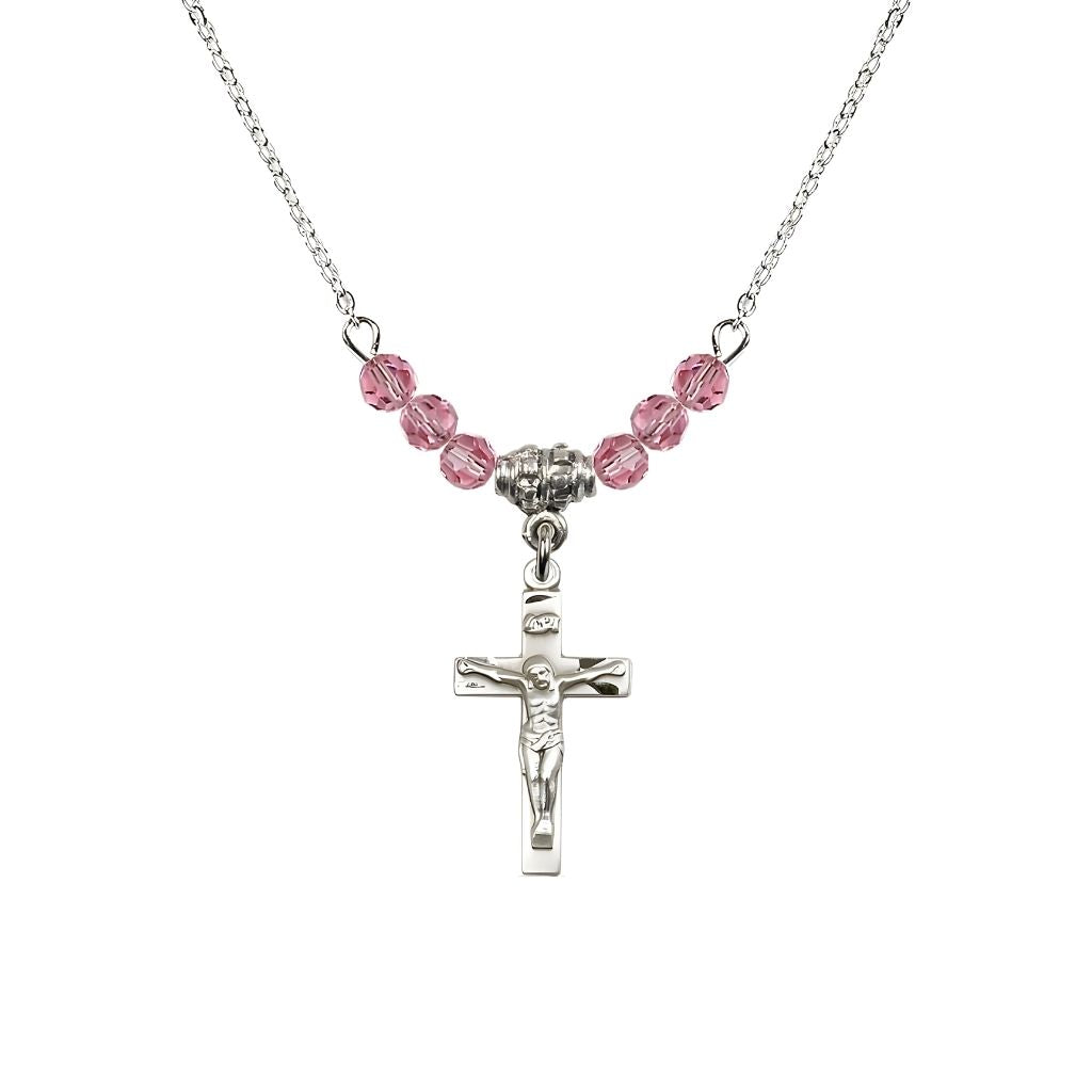 Bliss Pewter Holy Communion Crucifix Rose Beaded Necklace, Measures 1/2-inch tall by 3/8-inch wide
