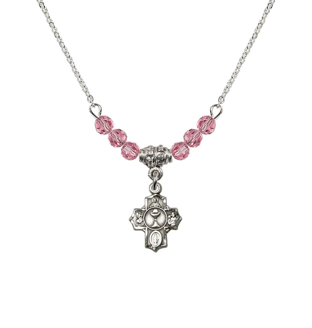 Bliss Pewter Communion 5-Way Cross Rose Beaded Necklace, Measures 1/2-inch tall by 3/8-inch wide
