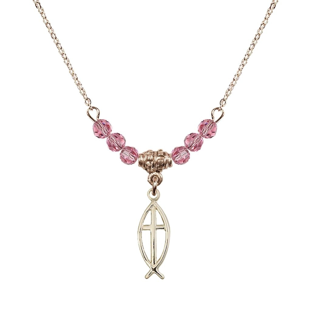 Bliss Fish Cross Gold-filled 4mm Crystal Beaded Necklace with Chain in Ro, Medal Measures 3/4 inch tall by 1/4 inch widee