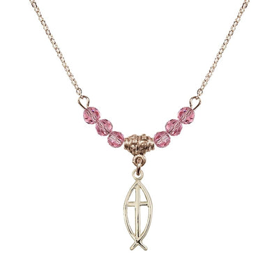 Fish Cross Gold-filled 4mm Crystal Beaded Necklace with Chain in Ro, Medal Measures 3/4 inch tall by 1/4 inch widee in Rose, Bliss Manufacturing