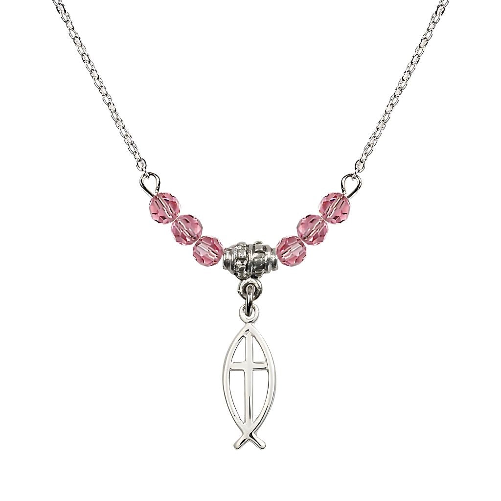 Bliss Fish Cross Crystal Birthstone Necklace with Chain in Rose, 3/4 inch tall by 1/4 inch wide