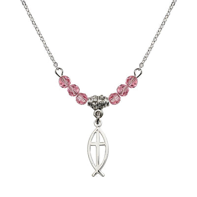 Fish Cross Crystal Birthstone Necklace with Chain in Rose, 3/4 inch tall by 1/4 inch wide, Bliss Manufacturing