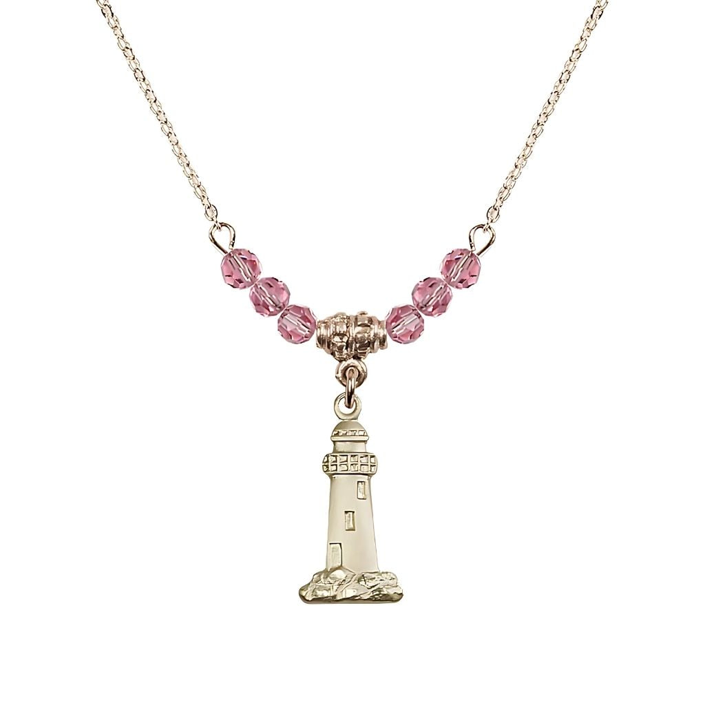 Bliss October-Rose Gold-filled Lighthouse Beaded Necklace, Medal Measures 3/4-inch tall by 3/8-inch wide