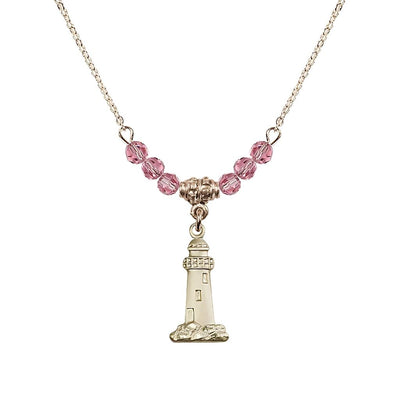 October-Rose Gold-filled Lighthouse Beaded Necklace, Medal Measures 3/4-inch tall by 3/8-inch wide, Bliss Manufacturing