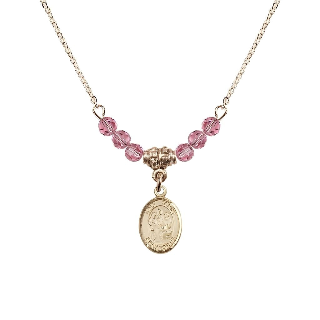 Bliss Holy Family 14kt Gold-filled Charm Beaded Necklace with 18" Gold-plated Chain in 4mm Austrian Crystal Rose Beads