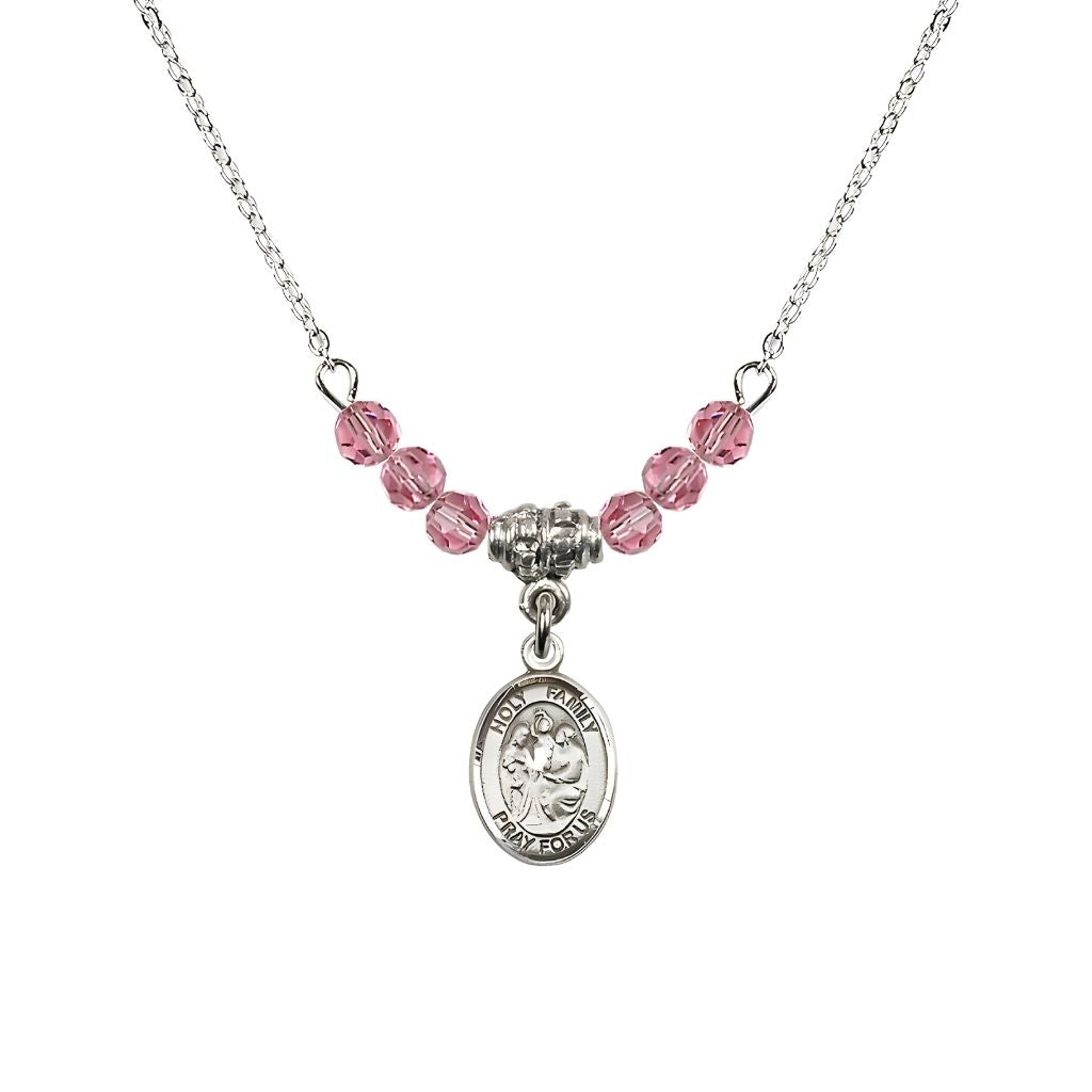 Bliss Holy Family Sterling Silver Charm Beaded Necklace with 18" Plated Chain in 4mm Austrian Crystal Rose Beads
