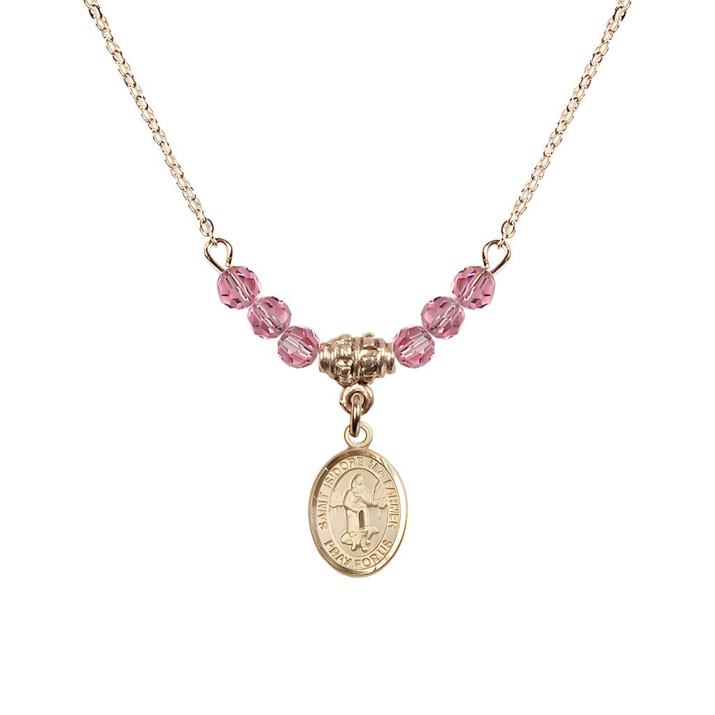 Bliss St. Isidore the Farmer Oval 14kt Gold-filled 4mm Rose Austrian Crystal Beaded Necklace, Measures 1/2-inch by 1/4-inch, Gift Box.