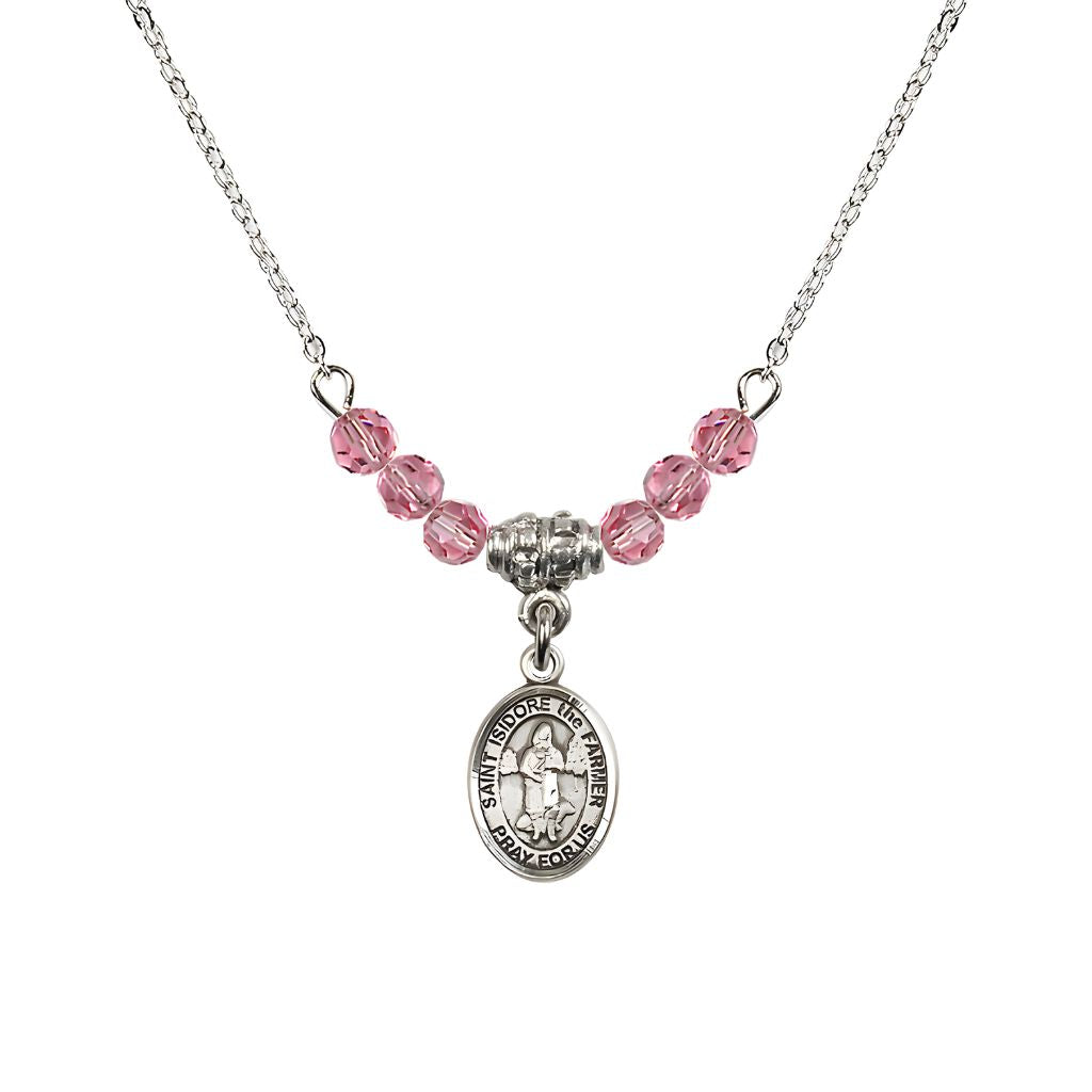 Bliss St. Isidore the Farmer Oval Sterling Silver 4mm Rose Austrian Crystal Beaded Necklace, Measures 1/2-inch by 1/4-inch, Gift Box.