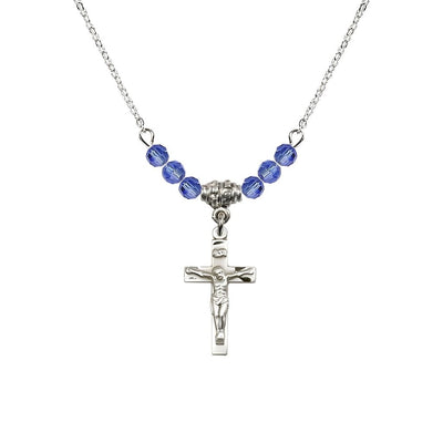 Pewter Holy Communion Crucifix Sapphire Beaded Necklace, Measures 1/2-inch tall by 3/8-inch wide, Bliss Manufacturing