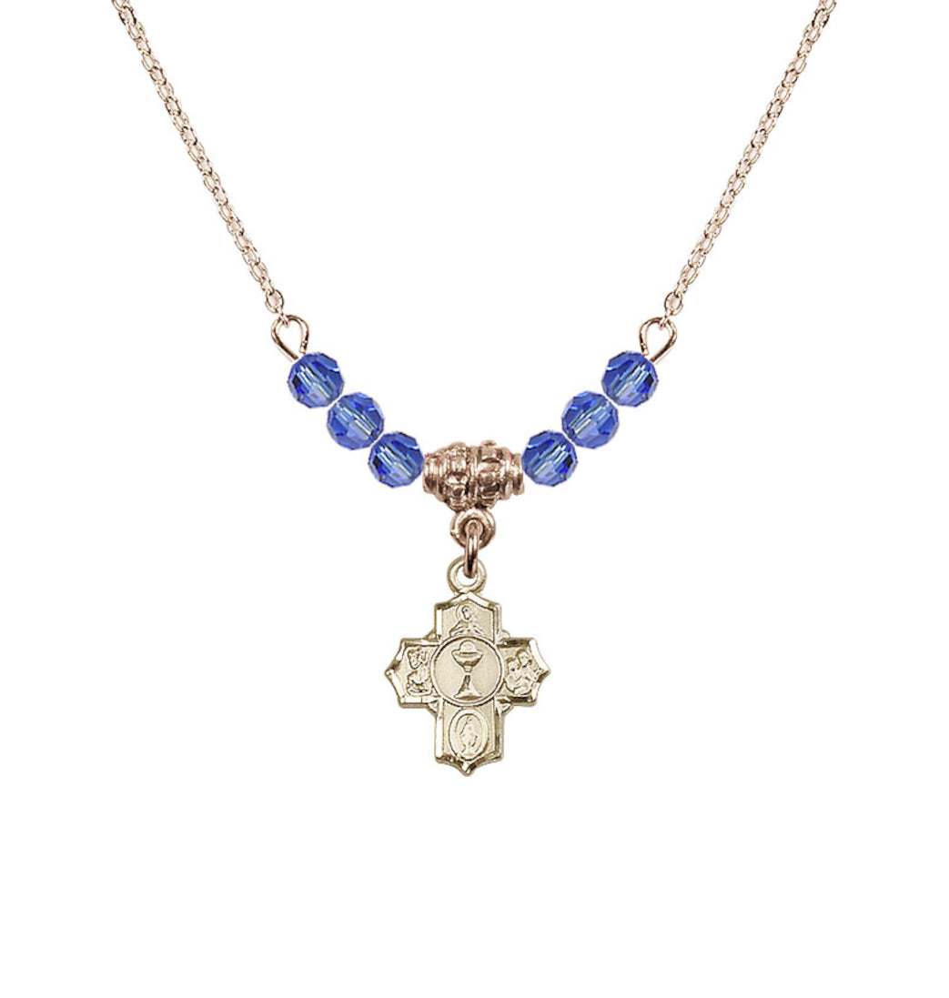 Bliss Gold-plated Communion 5-Way Cross Sapphire Beaded Necklace, Measures 1/2-inch tall by 3/8-inch wide