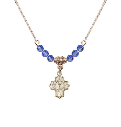 Gold-plated Communion 5-Way Cross Sapphire Beaded Necklace, Measures 1/2-inch tall by 3/8-inch wide, Bliss Manufacturing