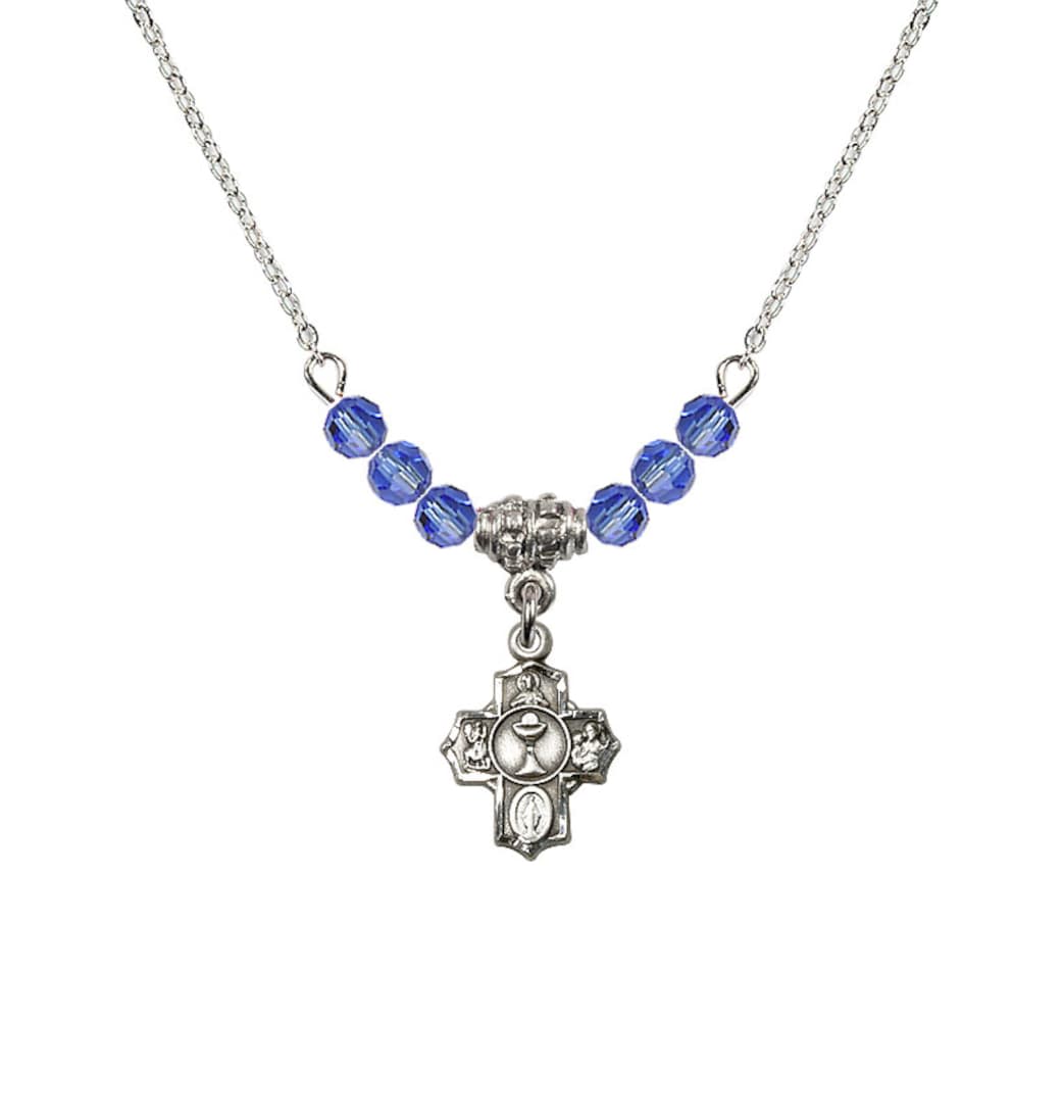 Bliss Pewter Communion 5-Way Cross Sapphire Beaded Necklace, Measures 1/2-inch tall by 3/8-inch wide