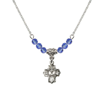 Pewter Communion 5-Way Cross Sapphire Beaded Necklace, Measures 1/2-inch tall by 3/8-inch wide, Bliss Manufacturing