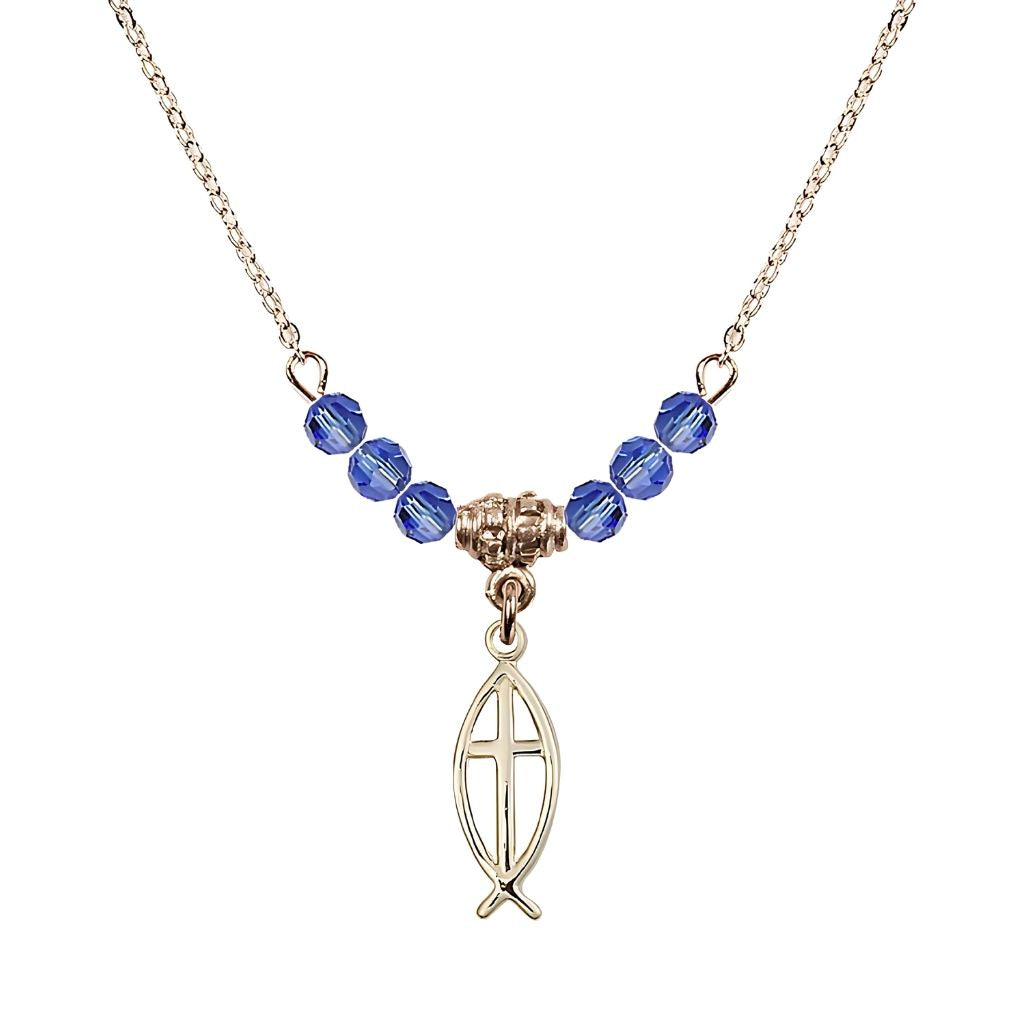 Bliss Fish Cross Gold-filled 4mm Crystal Beaded Necklace with Chain in Sapphire, Medal Measures 3/4 inch tall by 1/4 inch wide