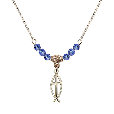 Fish Cross Gold-filled 4mm Crystal Beaded Necklace with Chain in Sapphire, Medal Measures 3/4 inch tall by 1/4 inch wide, Bliss Manufacturing