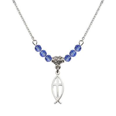 Fish Cross Crystal Birthstone Necklace with Chain in Sapphire, 3/4 inch tall by 1/4 inch wide, Bliss Manufacturing