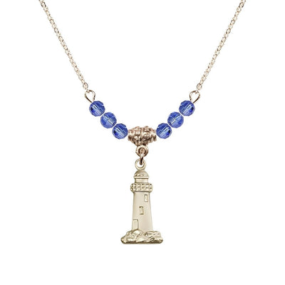 September-Sapphire Gold-filled Lighthouse Beaded Necklace, Medal Measures 3/4-inch tall by 3/8-inch wide, Bliss Manufacturing