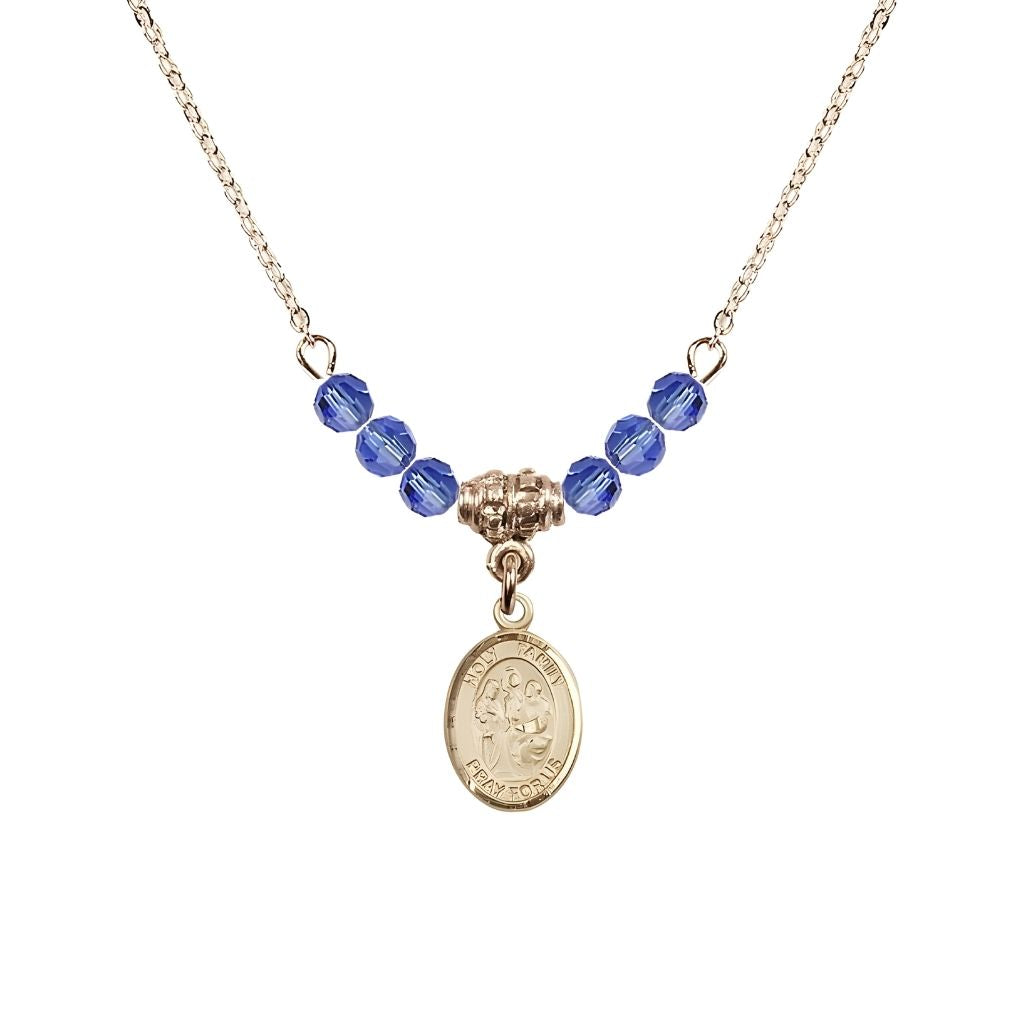 Bliss Holy Family 14kt Gold-filled Charm Beaded Necklace with 18" Gold-plated Chain in 4mm Austrian Crystal Sapphire Beads