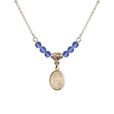 Holy Family 14kt Gold-filled Charm Beaded Necklace with 18" Gold-plated Chain in 4mm Austrian Crystal Sapphire Beads, Bliss Manufacturing
